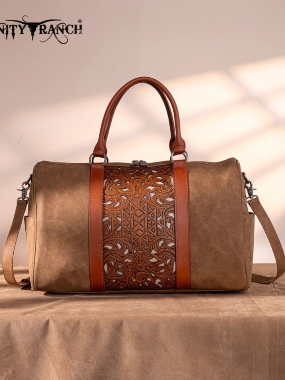 Trinity Ranch Floral Aztec Tooled Collection Weekender Bag Brown